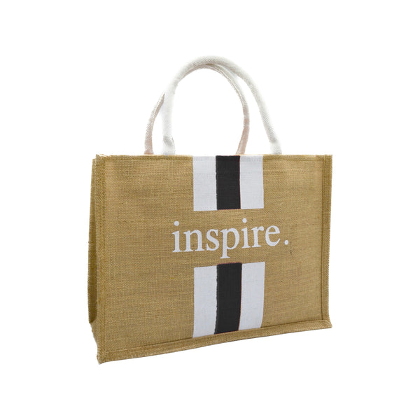 Inspire Jute Tote Bag – Black with White Stripes