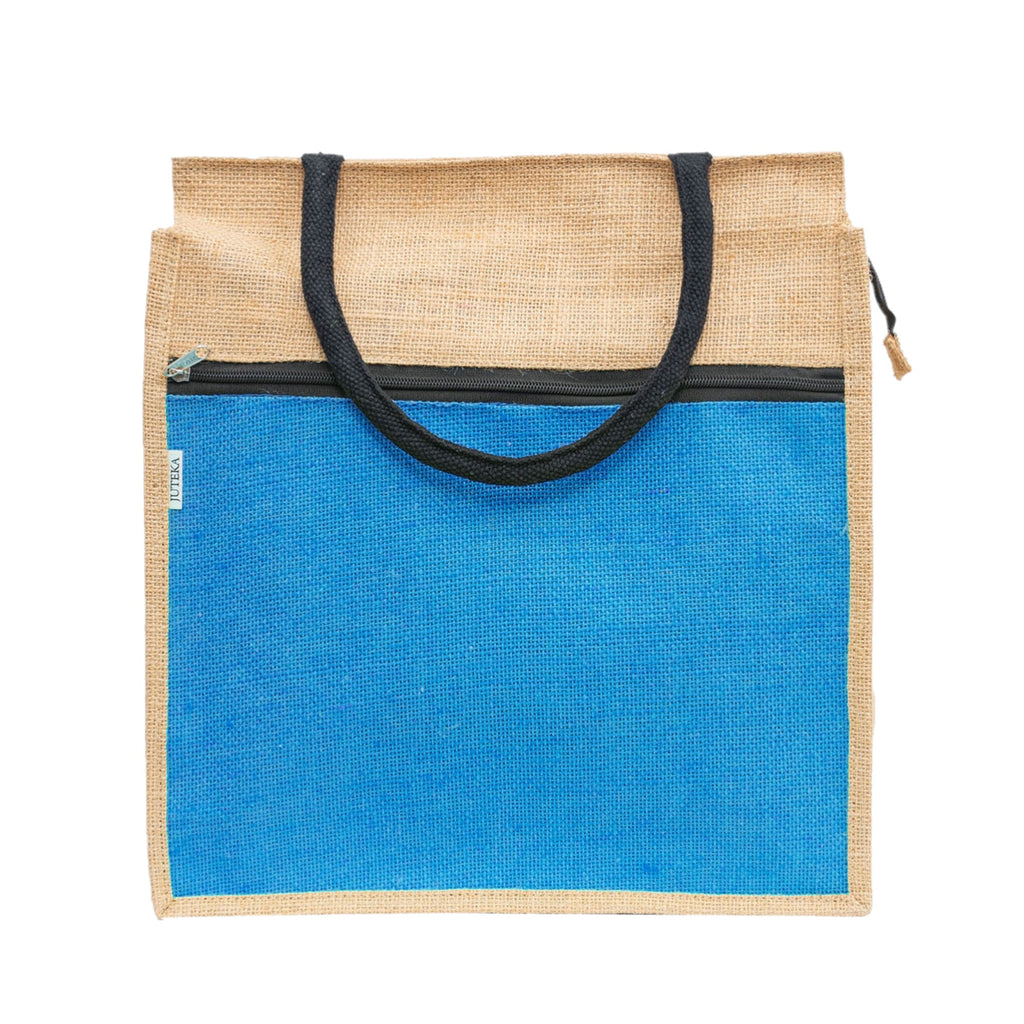 Jute Tote Bag with Blue Front Pocket & Zipper