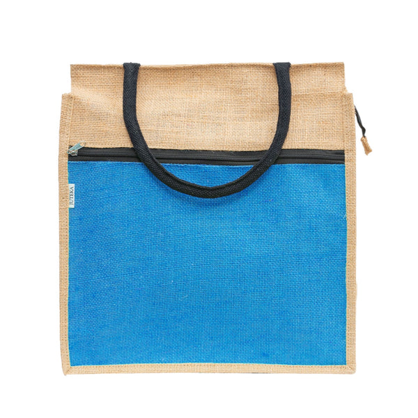Jute Tote Bag with Blue Front Pocket & Zipper