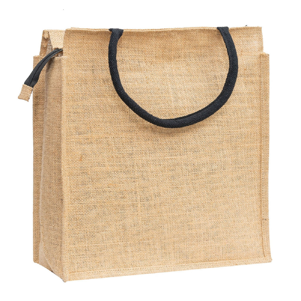 Jute Tote Bag with Blue Front Pocket & Zipper