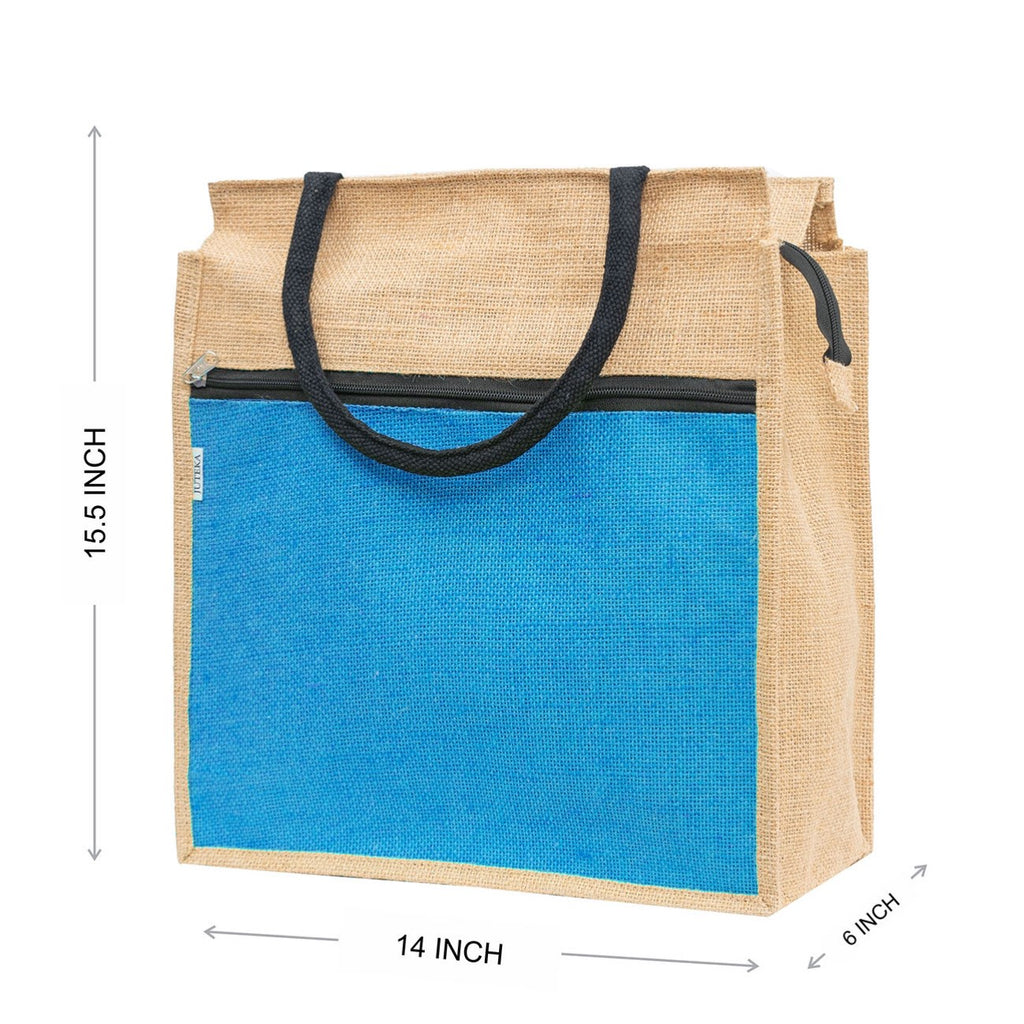 Jute Tote Bag with Blue Front Pocket & Zipper