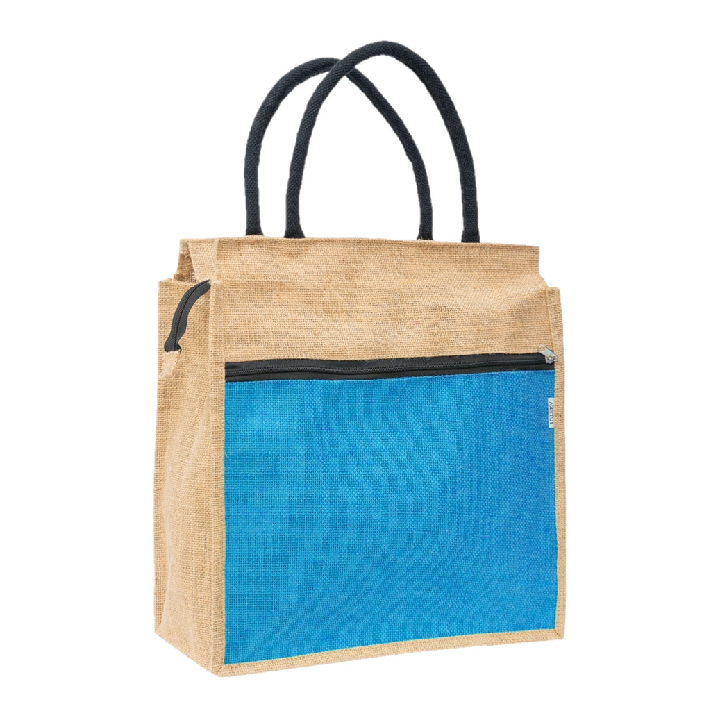 Jute Tote Bag with Blue Front Pocket & Zipper