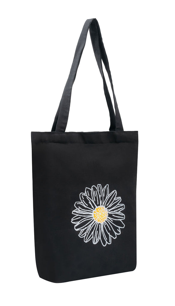 Classic Black Daisy Cotton Tote Bag