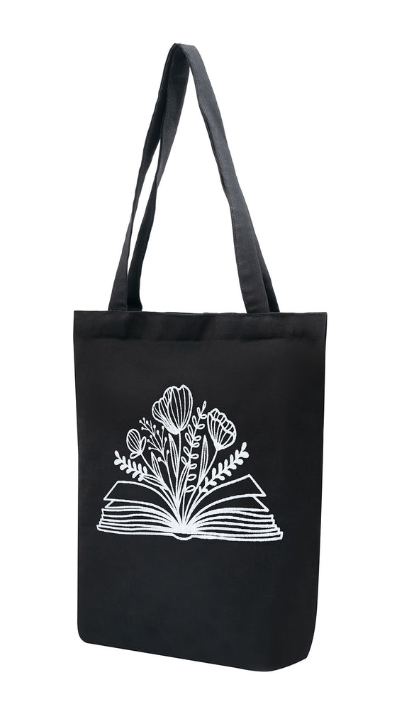 Literary Bloom Black Cotton Tote Bag
