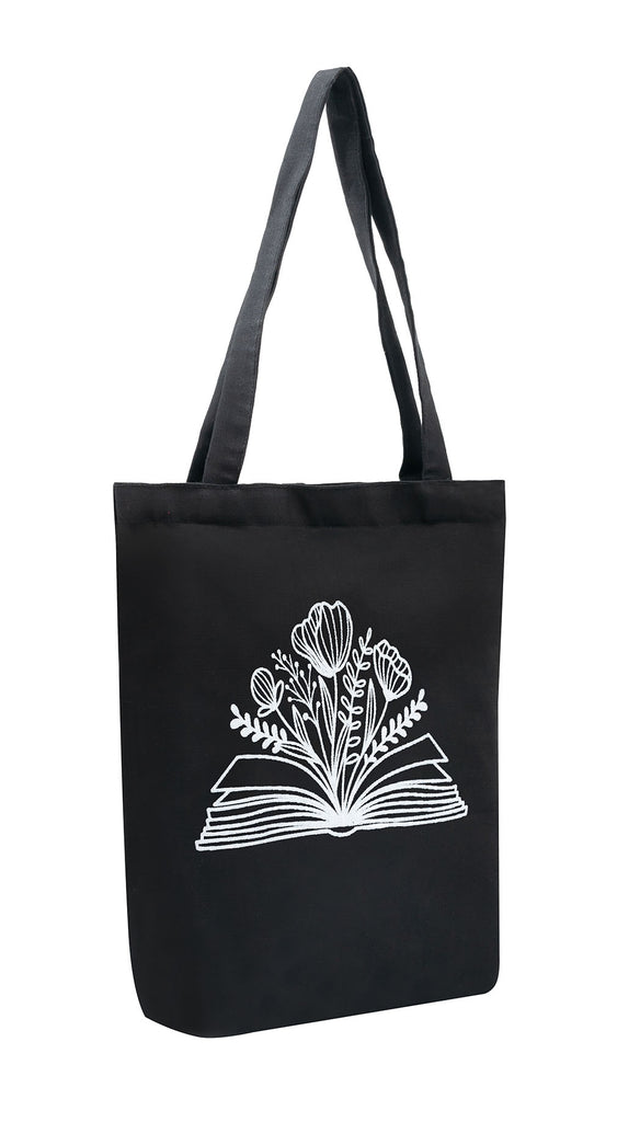 Literary Bloom Black Cotton Tote Bag