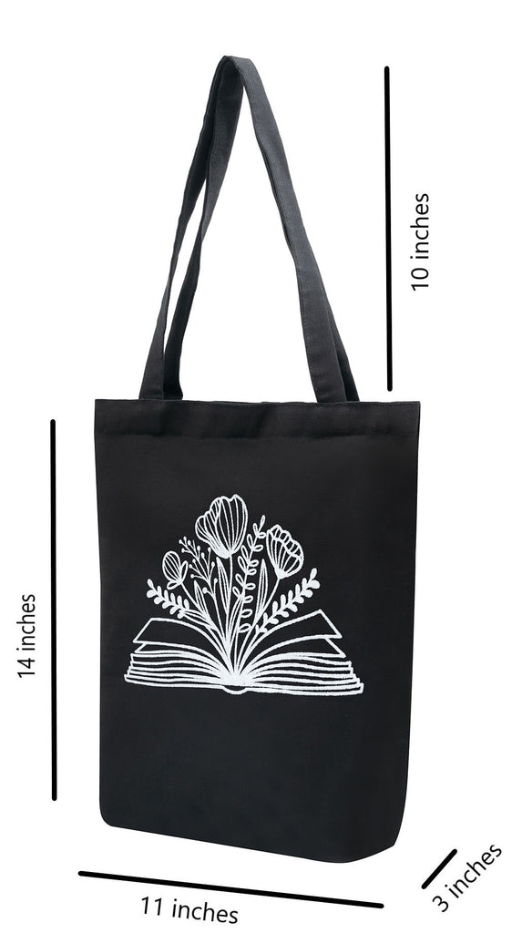 Literary Bloom Black Cotton Tote Bag