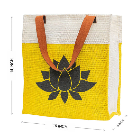 Vibrant Yellow Jute Tote Bag with Lotus Print