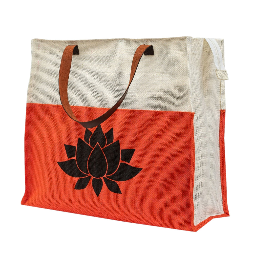Green Jute Tote with Lotus Print
