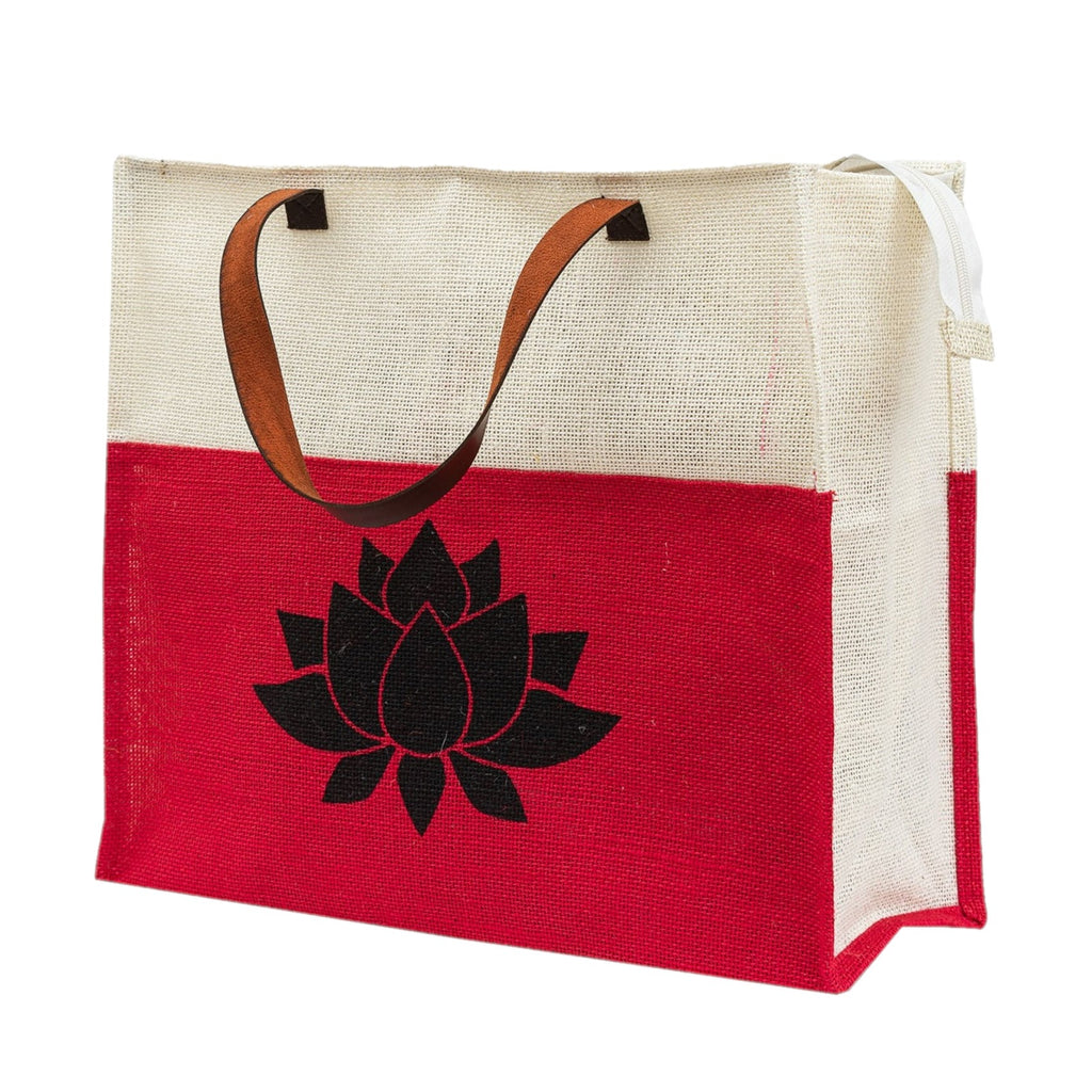Green Jute Tote with Lotus Print
