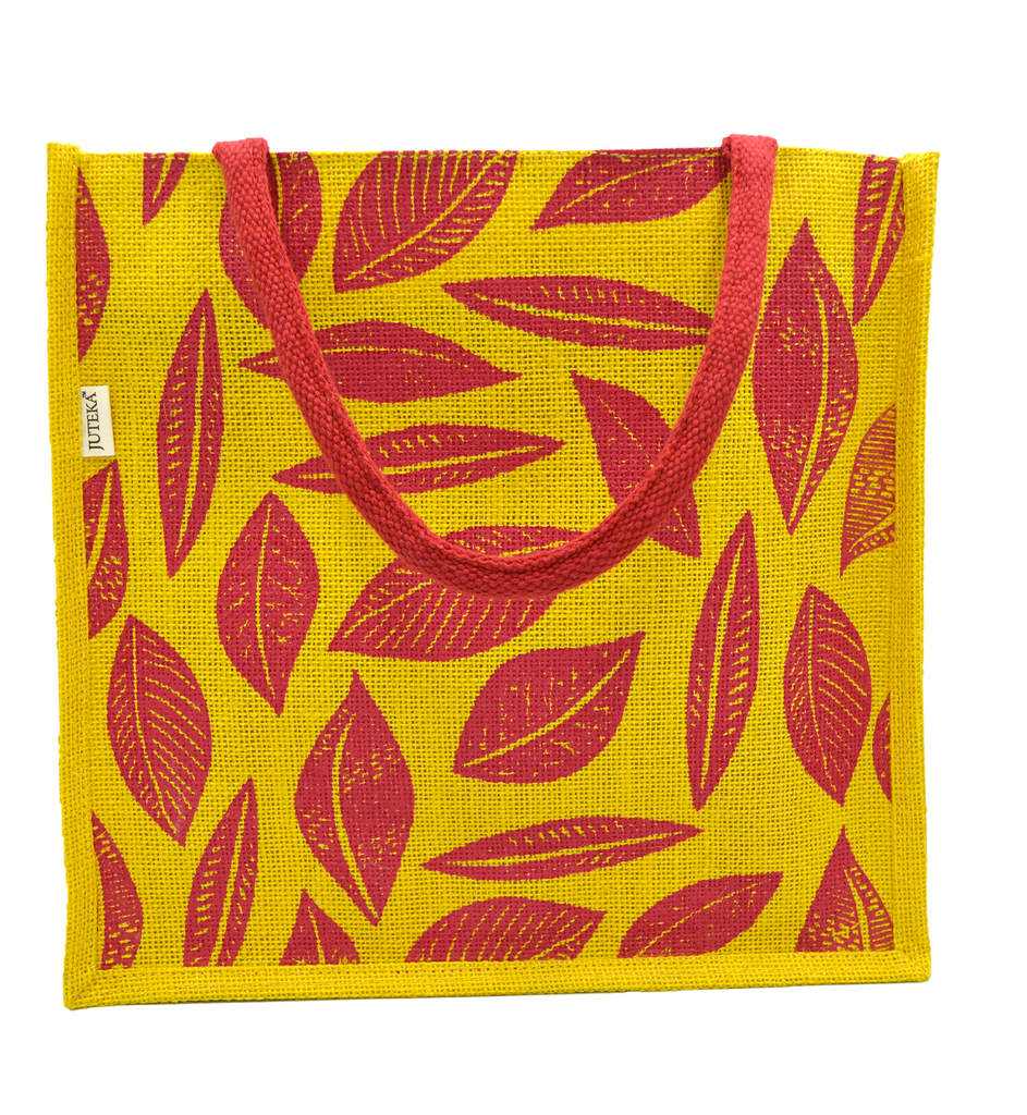 Vibrant Yellow & Red Leaf Print Jute Tote Bag