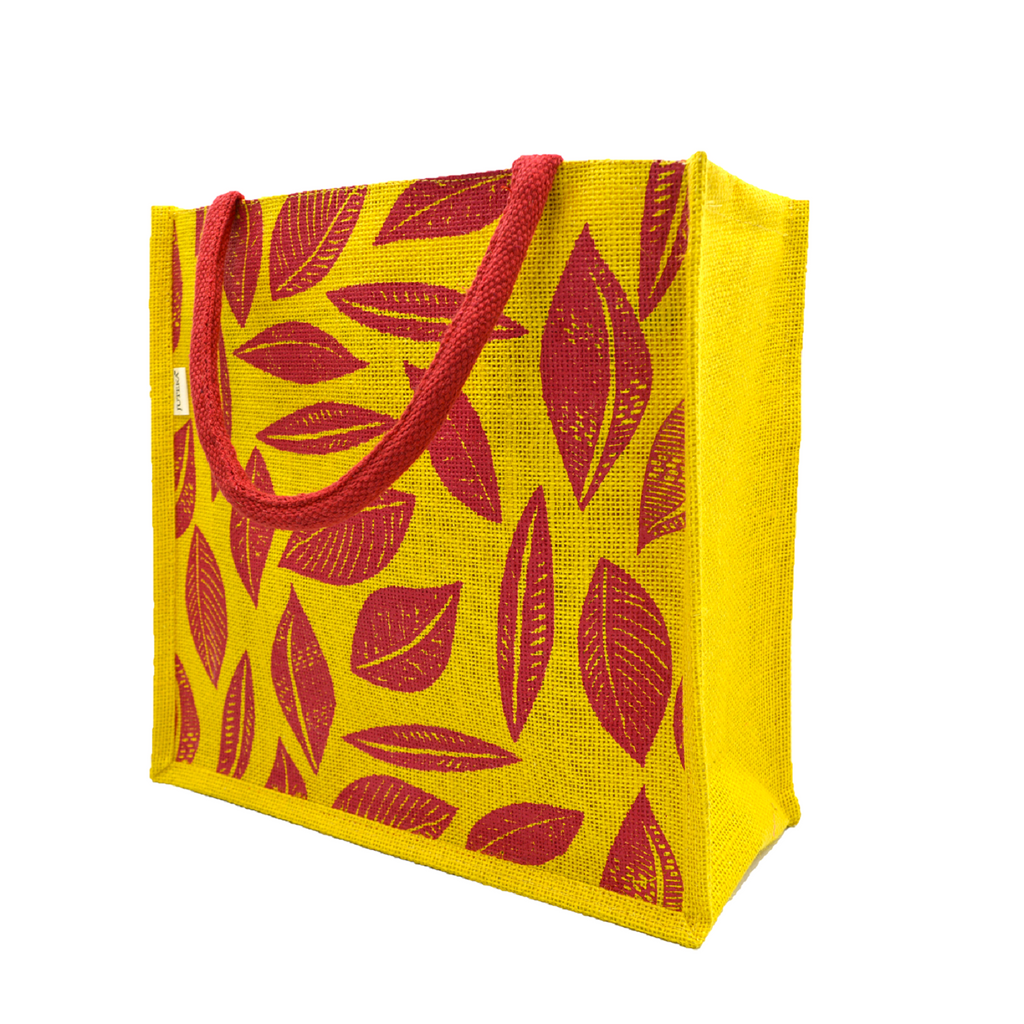 Vibrant Yellow & Red Leaf Print Jute Tote Bag