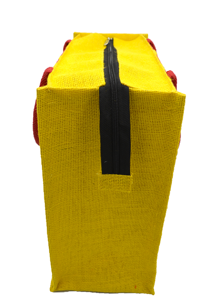 Vibrant Yellow & Red Leaf Print Jute Tote Bag