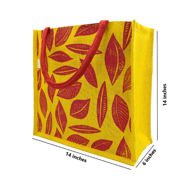 Vibrant Yellow & Red Leaf Print Jute Tote Bag