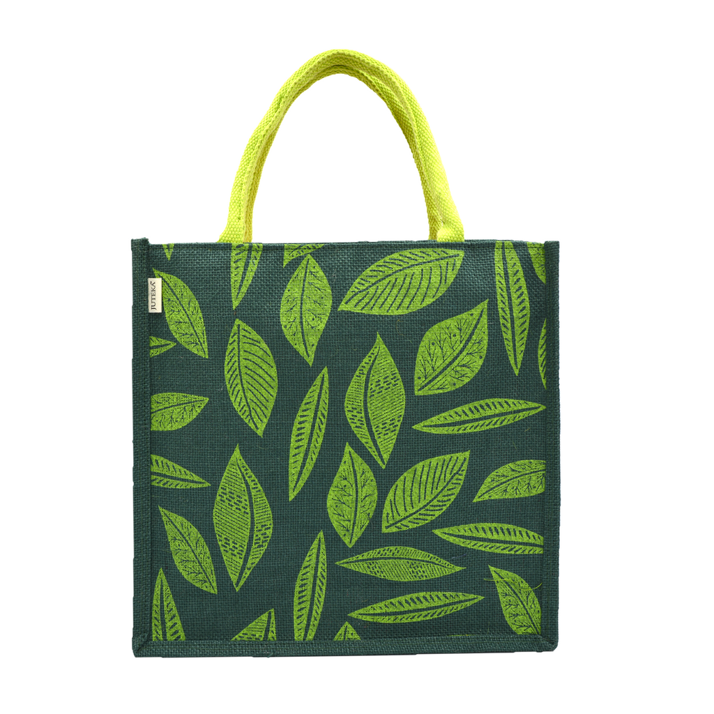 Leaf Print Jute Tote Bag
