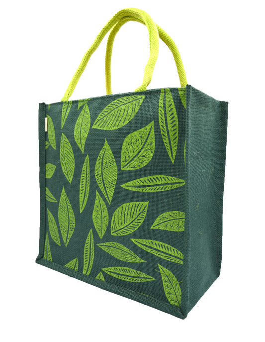 Leaf Print Jute Tote Bag