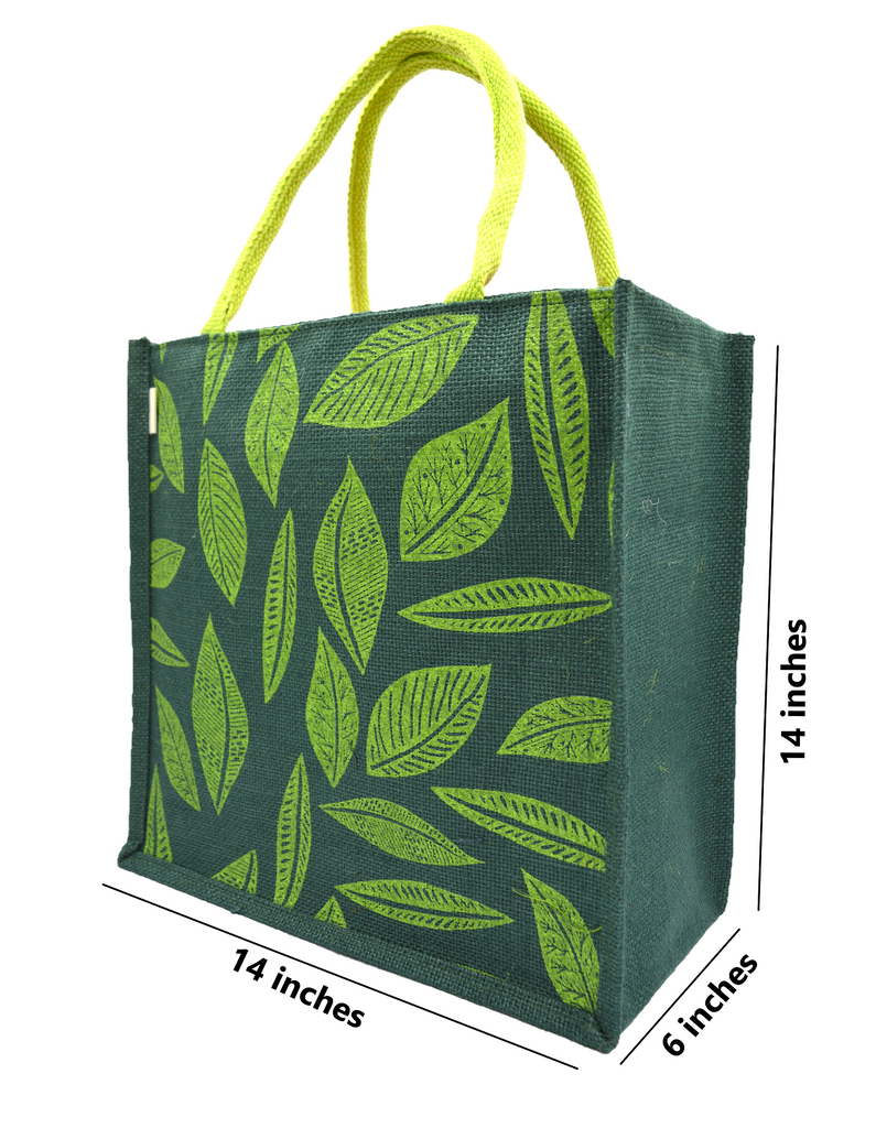 Leaf Print Jute Tote Bag