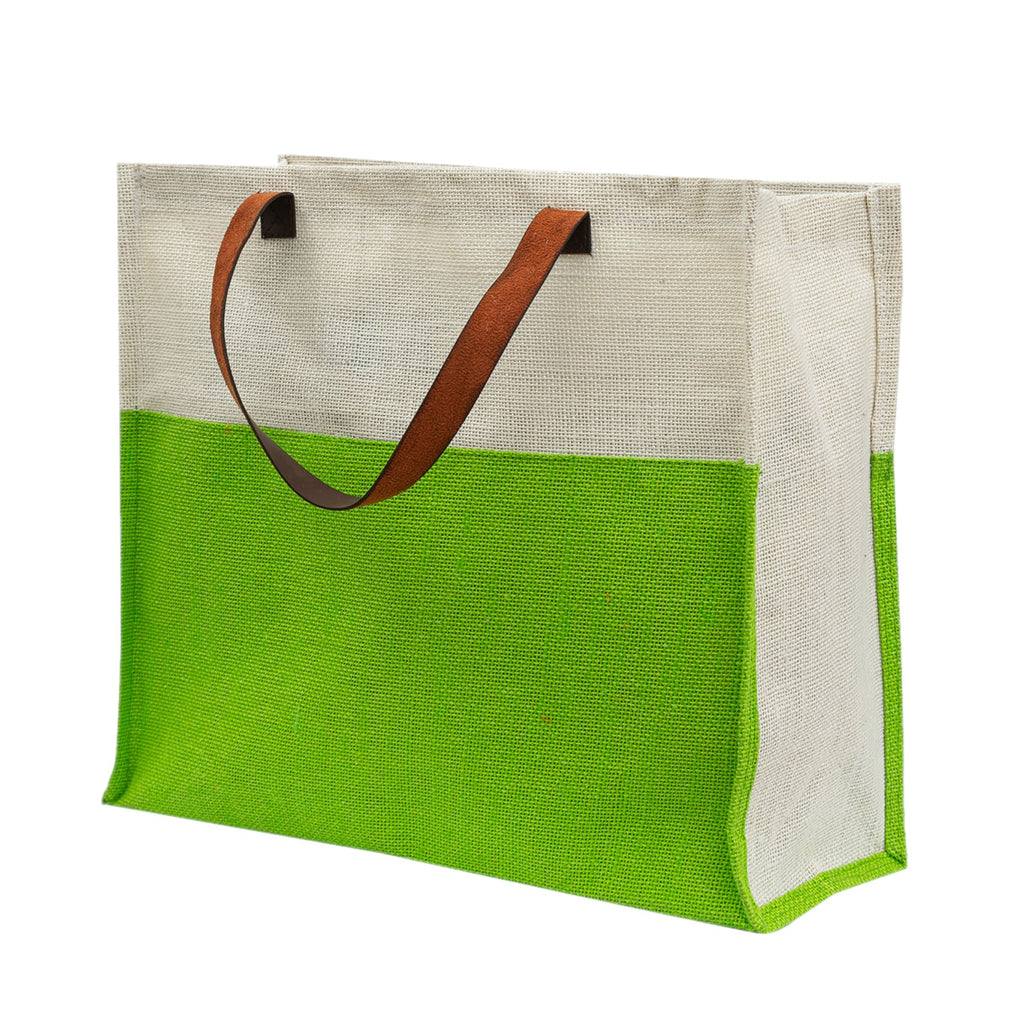 Two-Tone Jute Tote Bag with Leather Handle