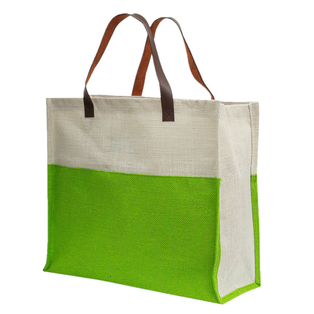 Two-Tone Jute Tote Bag with Leather Handle