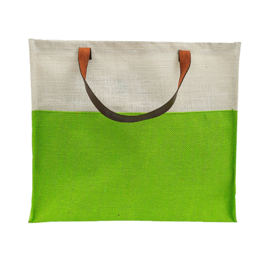Two-Tone Jute Tote Bag with Leather Handle