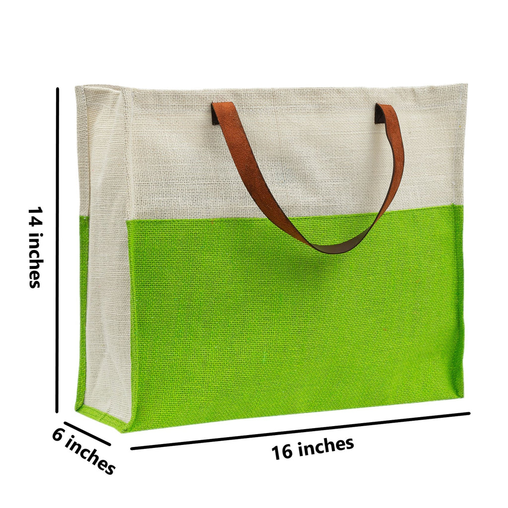 Two-Tone Jute Tote Bag with Leather Handle