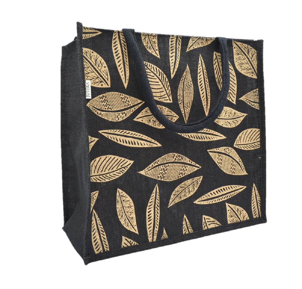 Gold Leaf-Print Jute Tote Bag