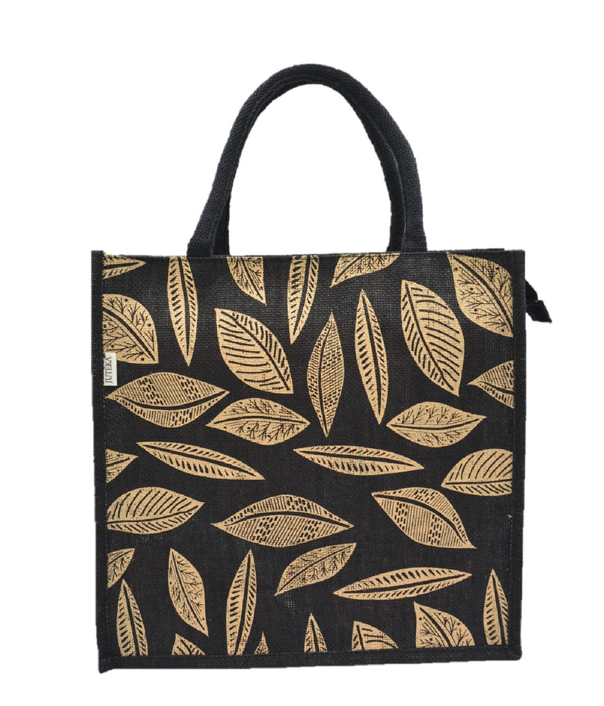 Gold Leaf-Print Jute Tote Bag