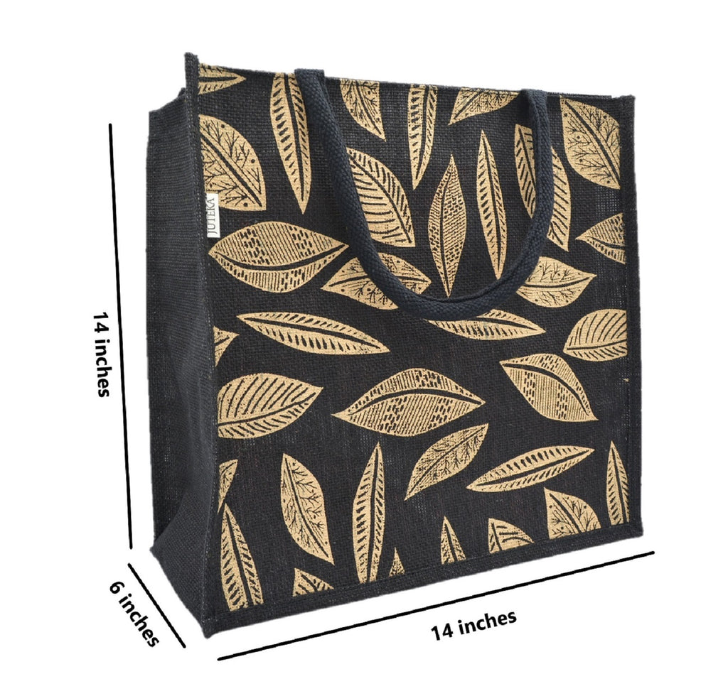 Gold Leaf-Print Jute Tote Bag