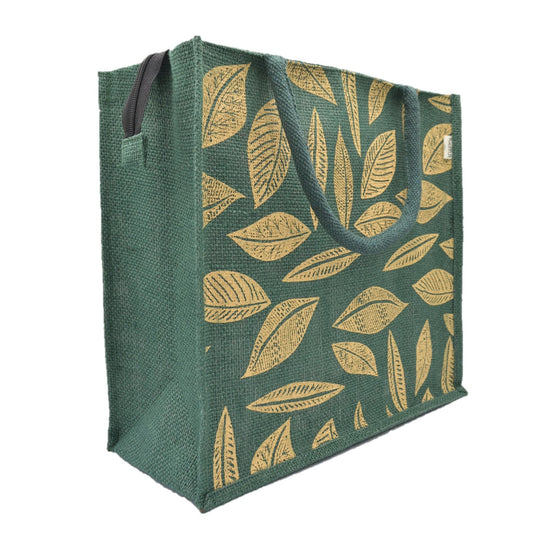 Green Jute Tote Bag – Elegant Leaf Print