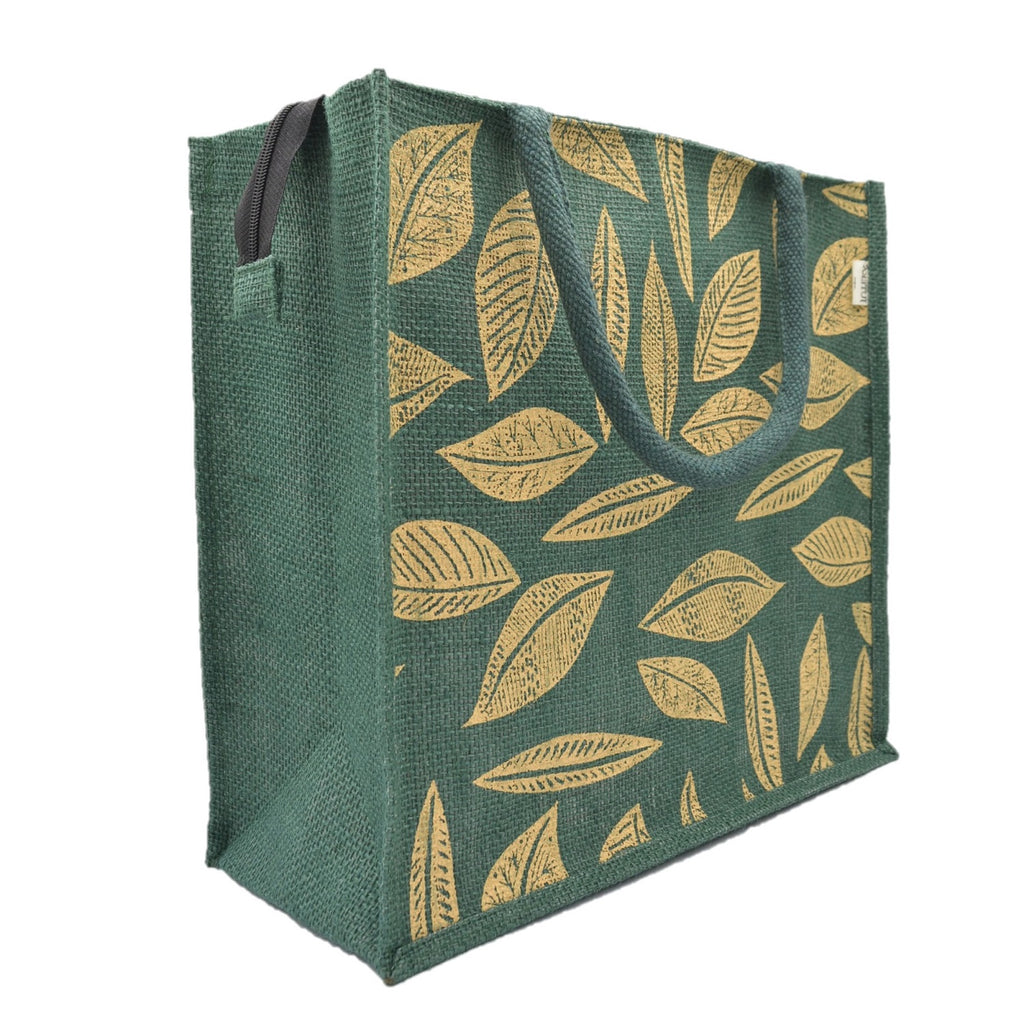 Gold Leaf-Print Jute Tote Bag