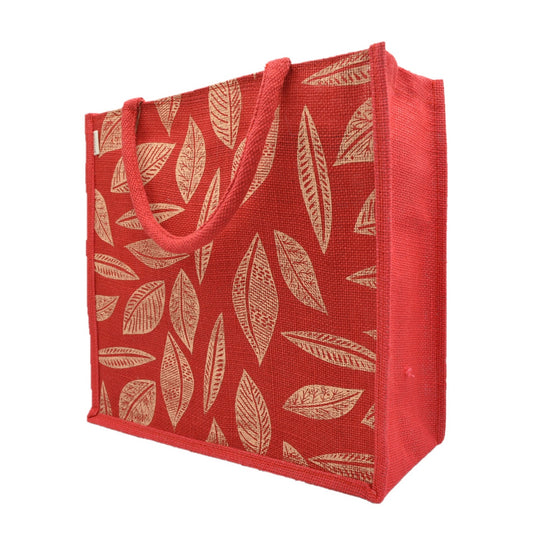 Red Jute Tote Bag – Elegant Leaf Print