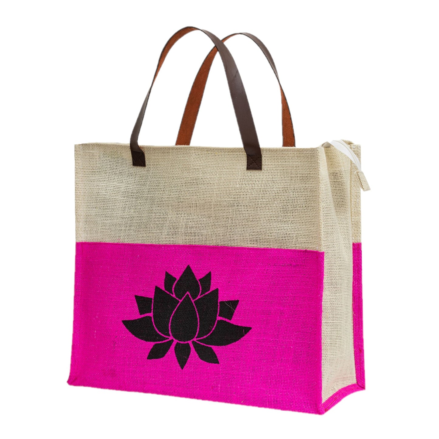 Two-Tone Jute Tote Bag with Lotus Print