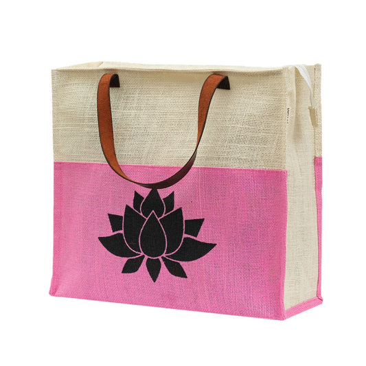 Two-Tone Jute Tote Bag with Lotus Print