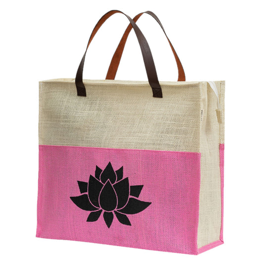 Two-Tone Jute Tote Bag with Lotus Print