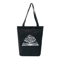 Literary Bloom Black Cotton Tote Bag