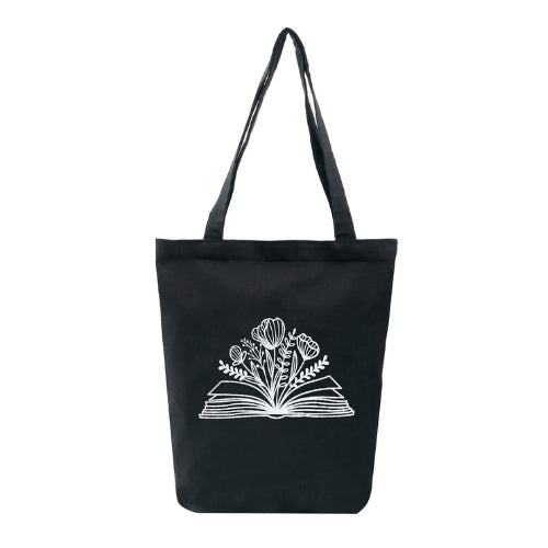 Literary Bloom Black Cotton Tote Bag
