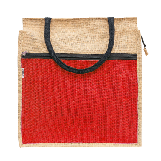 Jute Tote Bag with White Zipper Pocket