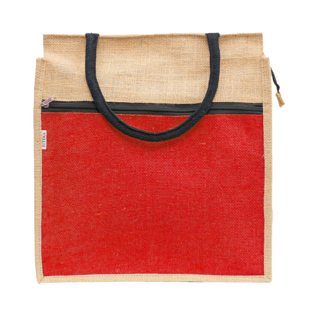 Jute Tote Bag with White Zipper Pocket